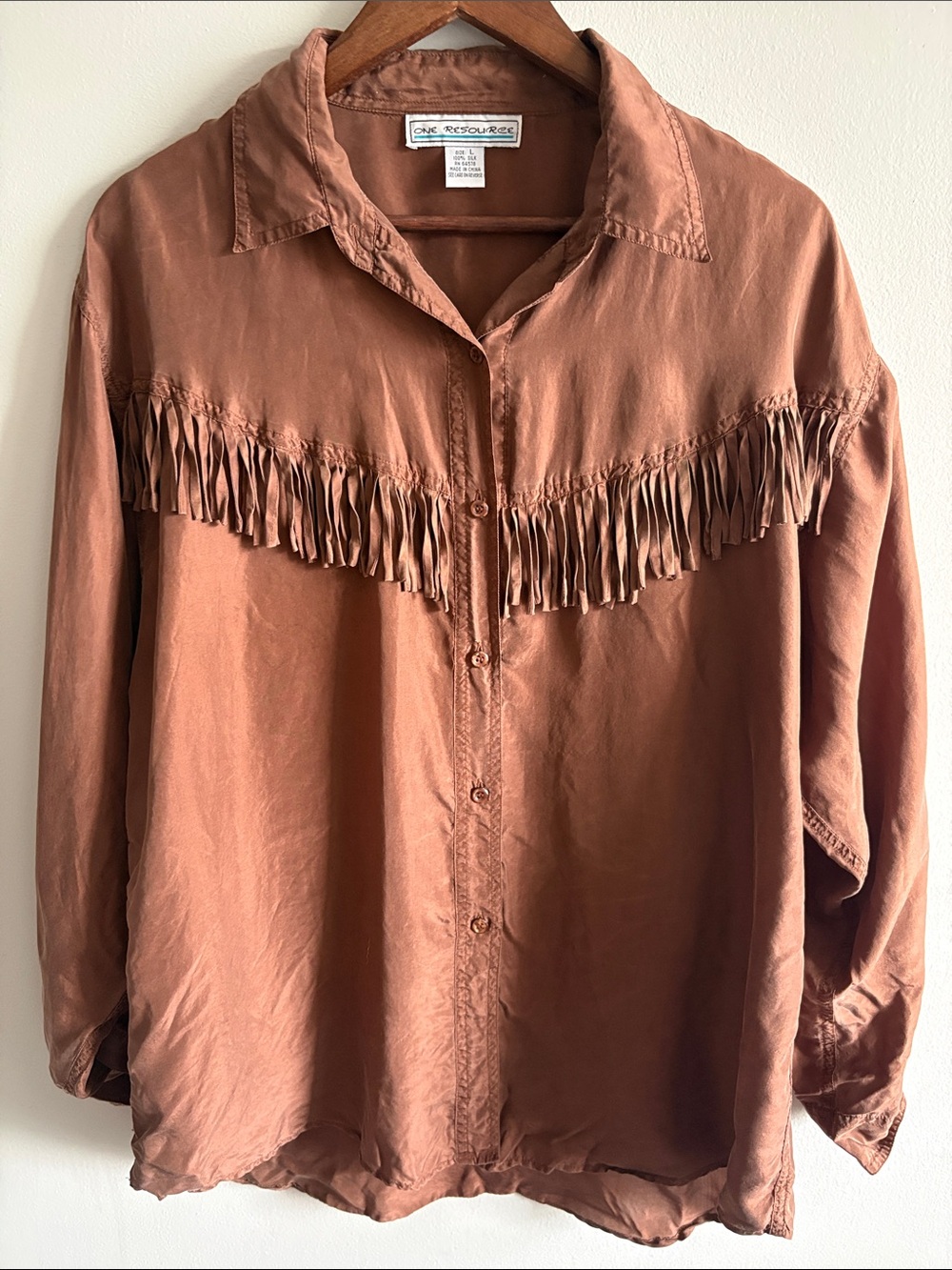 Vintage One Resource 100% Silk Fringe Button Down Shirt L Rust Western Boho